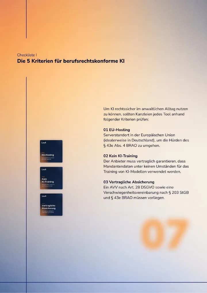 Seite 07 des Whitepapers: Die 5 Kriterien für berufsrechtskonforme KI