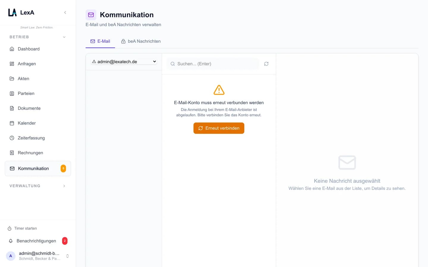 Kommunikationscenter mit Posteingang und Nachrichtendetail